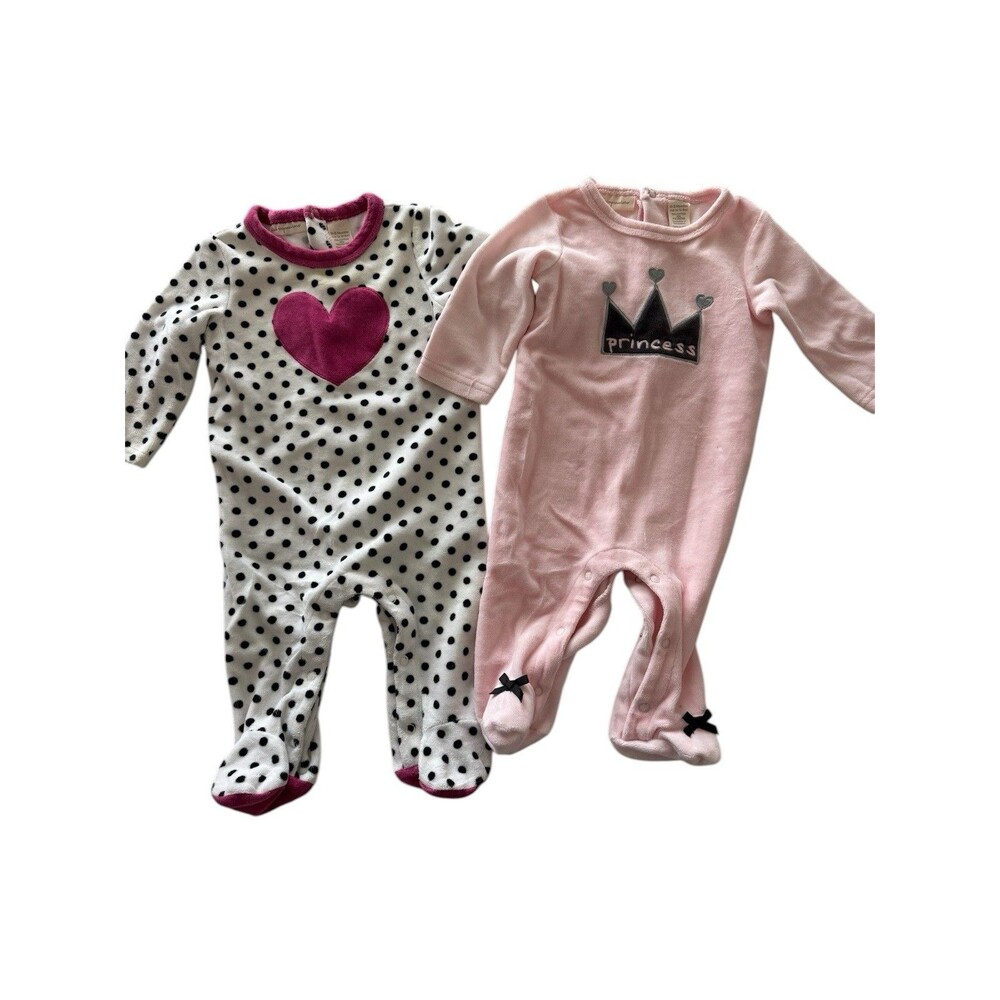 Princess & Hearts/Polka Dot Footed Pajamas With Snaps Size 0-3 Months